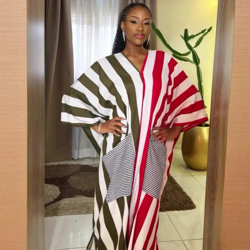 Plus Size Long Sleeve Striped African Fashion Large Pocket Caftan